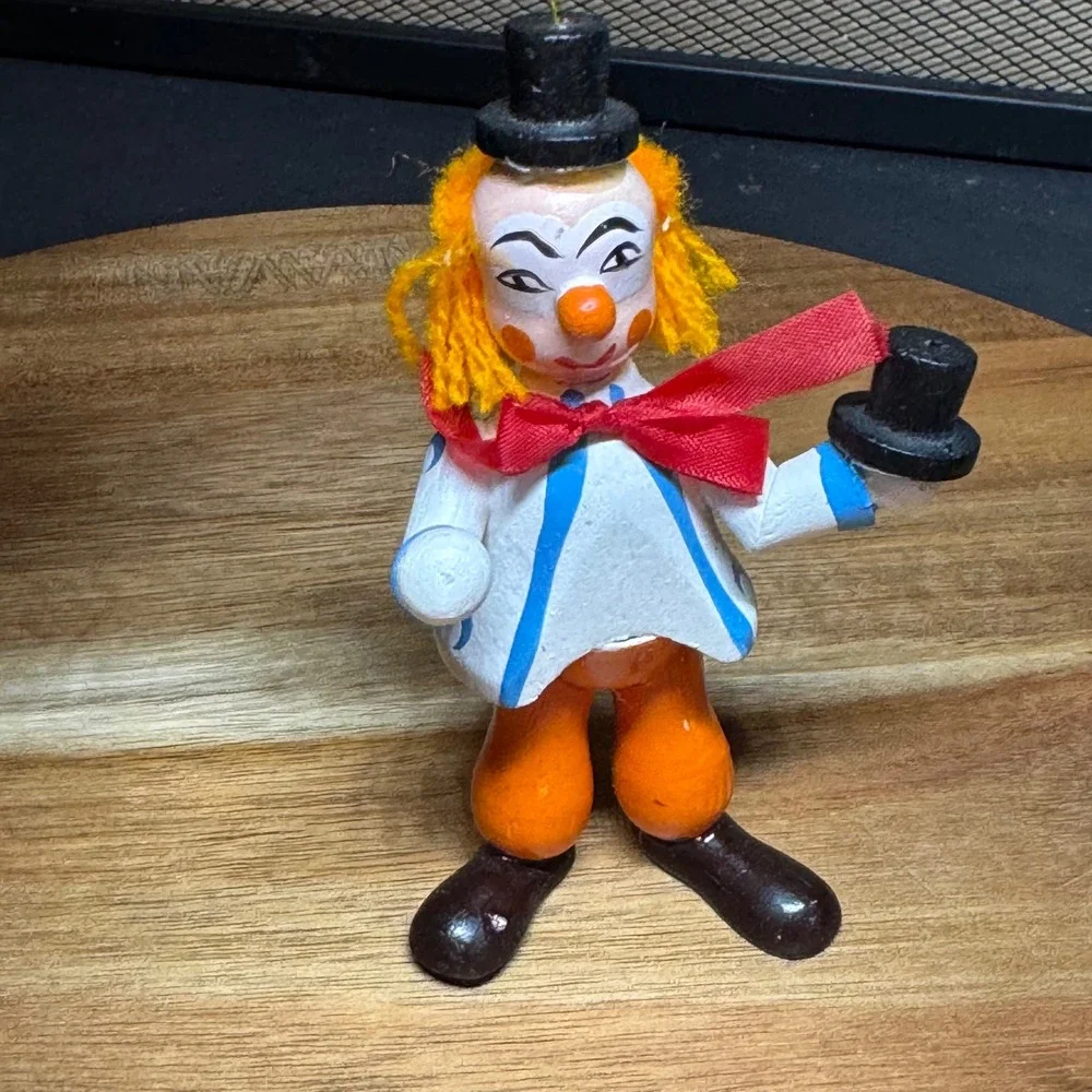 Vintage Hand Painted Wooden Clown Ornament Orange Hair Top Hat Circus Figurine